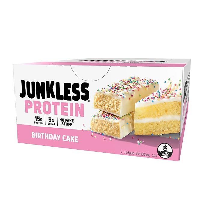 JUNKLESS Protein Bars - Birthday Cake - 15g Protein, Low Sugar, Gluten Free, High Fiber, Delicious Taste and Texture, Satisfying, Healthy Snack for Energy - 12 Bars