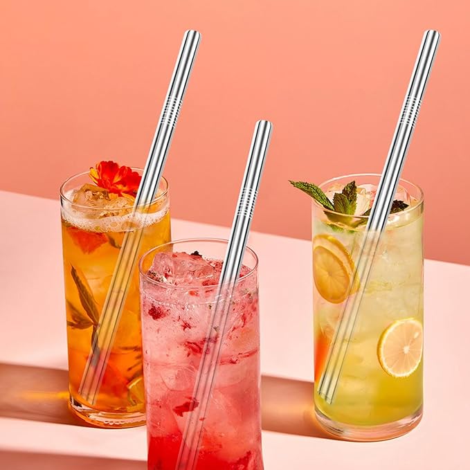 Lazycorner 5 Pcs Stainless Steel Smoothie Straws, 0.4'' Extra Wide Reusable Metal Drinking Straws for Milkshake, Smoothie, Beverage, Set of 5 with 2 Cleaning Brush