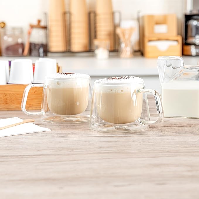 Restaurantware-Forma Professional 6.8 Ounce Double Wall Coffee Mugs, 12 Insulated Coffee Mugs With Handle - Dishwashable, Reusable, Clear Glass Beverage Cups, Freezable, For Hot Or Cold Beverages