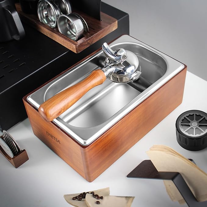 Knock Box Espresso, Coffee knockbox with Rubber Knock Bar and Anti-slip Pad, Commercial Use Large Capacity, Stainless Steel and Wooden, Espresso Accessory