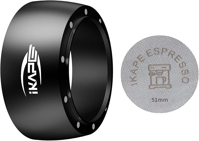 IKAPE Magnetic Dosing Funnel Set, 51MM Espresso Dosing Ring & Puck Screen Kit Compatible with Delonghi 51MM Bottomless Portafilter - with 8 Small Magnet (Black)