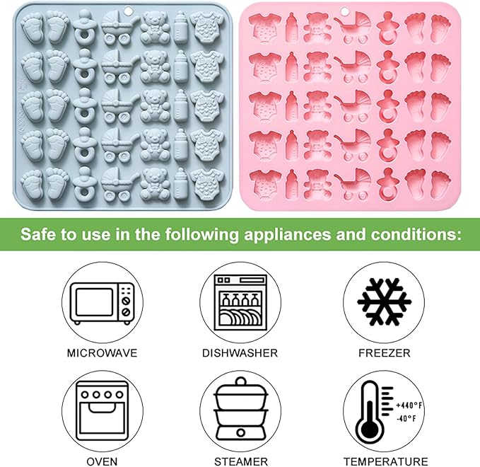 Baby Chocolate Mold Set Silicone Baking Molds with Footprint, Stroller, Reusable for Newborn Cakes, Diaper Party Treats Baby Favors - 2 Pack