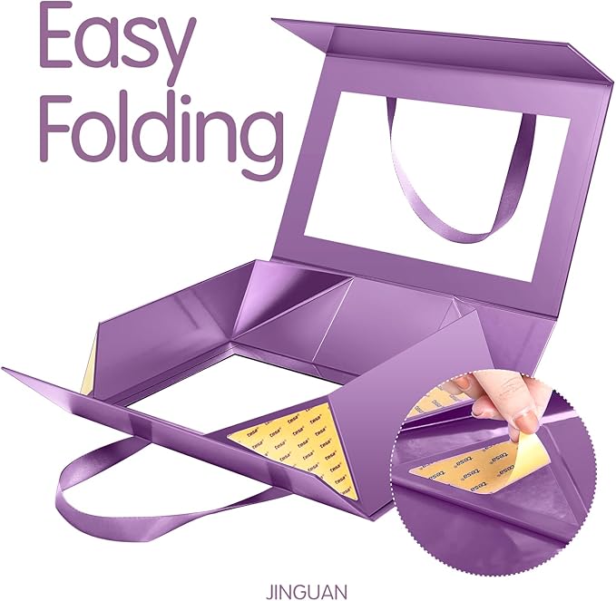Large Purple Clear Gift Box, 13.5x9x4.1 Inches Gift Box with Window by Handle, Bridesmaid Proposal Box, Collapsible Gift Box with Magnetic Closure (Glossy Purple, 1 Pack)