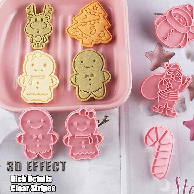8 Pcs Christmas Cookie Cutters Set Baking Molds 3D Christmas Press type Cookie Cutter for Baking, Fondant, Cheese, and Pastries