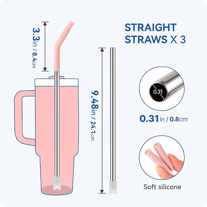 Reusable Metal Straws with Silicone Tip for Stanley 30oz,Stainless Steel Drinking Straws for 30oz Tumbler,3 Straight Tubes & 6 Tips& 1 Cleanr Brush (Black)