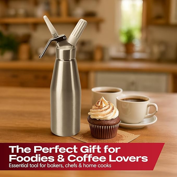 Chef Master (1 Pint / 0.5 Liter) Aluminum Whipped Cream Dispenser - Decorating Tips for Desserts, Coffee, Latte + Cleaning Brush - Whip Cream Dispenser Canister for Home, Bakery or Restaurant - 90076
