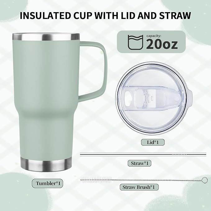 20oz Insulated Tumbler with Handle Stainless Steel Travel Coffee Mug with Lid and Straw Double Wall Vacuum Leak-proof Reusable Thermal Water Cup for Hot and Cold Drinks (Multicolor-3,4 Pack)