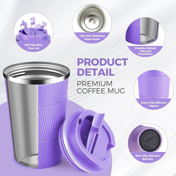 Volhoply 13 oz Stainless Steel Insulated Travel Coffee Mug with Fip Lid Bulk 4 Pack,Reusable Double Wall Vacuum Metal Coffee Cup,Portable Leak Proof Thermal Tumbler for Hot & Cold Drinks(Purple,4)