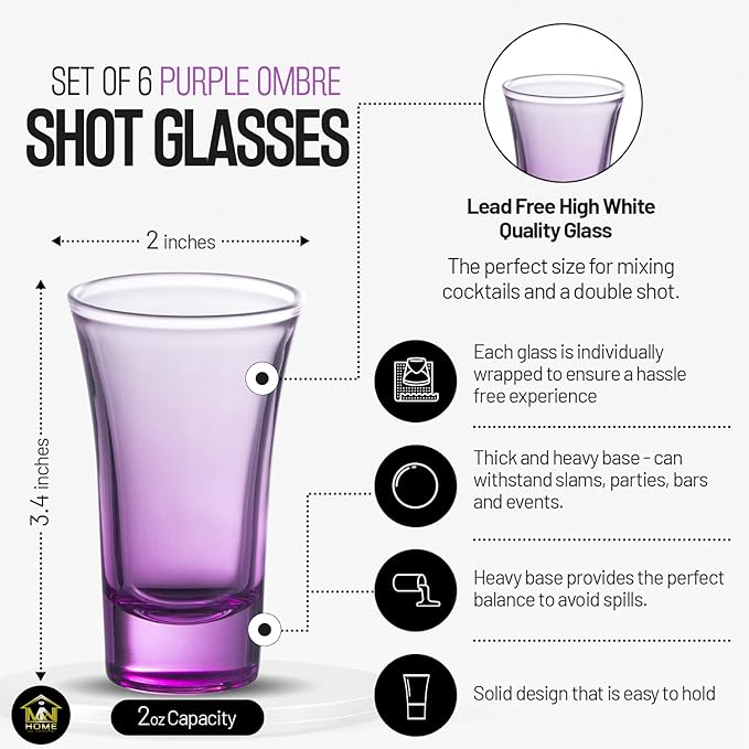 M&N HOME Purple Ombre Shot Glasses, 2 Oz Set of 6 Colored Shot Glasses, Whiskey Glasses, Tequila, Cocktail Glasses, Vodka Glasses, Spirits & Liquors (Gradient Purple)