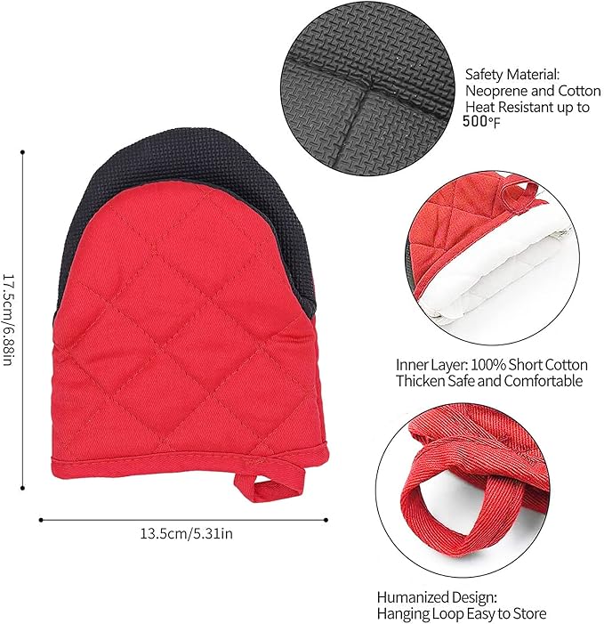 1 Pair Short Oven Mitts, Heat Resistant Silicone Kitchen Mini Oven Mitts for 500 Degrees, Non-Slip Grip Surfaces and Hanging Loop Gloves, Baking Grilling Barbecue Microwave Machine Washable
