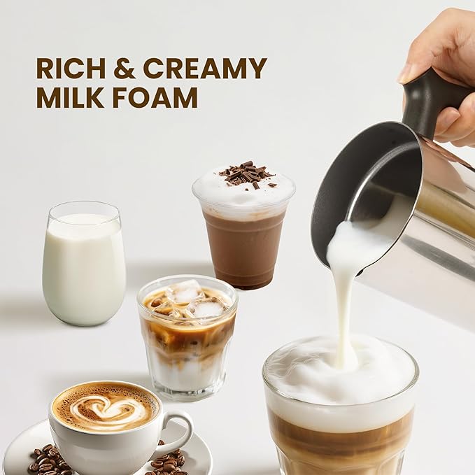 Milk Frother, 4-in-1 Milk Frother and Steamer, 10.6oz Electric Milk Steamer, Automatic Cold and Hot Foam maker for Lattes, Cappuccinos, Non-stick Coating Interior (Polished)
