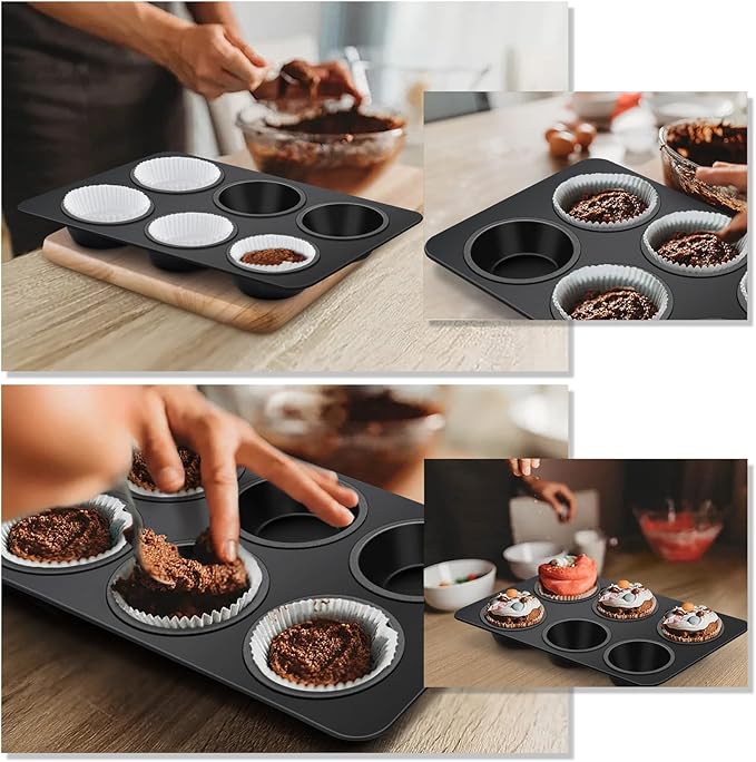 TeamFar Muffin Pan, 6 Cup Muffin Tin Cupcake Pan Tray with Nonstick Coating and Stainless Steel Core, for Home/Kitchen Baking, Healthy & Heatproof, Release Easily & Easy Clean, Set of 3