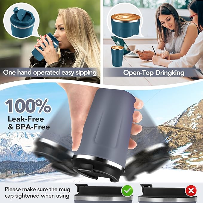 Volhoply 12 oz Double Wall Insulated Vacuum Travel Coffee Mug with Flip Lid Bulk 8 Pack,Reusable Stainless Steel Leak Proof Coffee Cup,Portable Cafe Thermal Tumblers for Hot & Cold Drinks(Gray,8 Set)