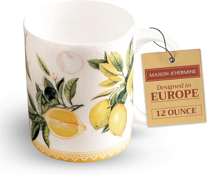 Maison d' Hermine Coffee Mug with Handles Fine Bone China Mugs Pack of One Tea Cups for Hot Beverages Cappuccino Latte Home Restaurant Office Perfect for Gift (Limoncello - Verna, 12 Ounce)