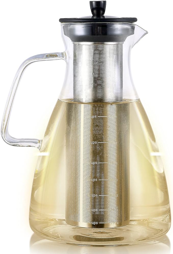 Teabloom Extra-Large Multi-Brew Glass Teapot + Kettle + Pitcher (68 OZ / 2.0 L / 8 CUPS) – For Hot Tea, Iced Tea, Cold Brew Tea and Fruit Infused Water – Volume Markings For Precise Brewing