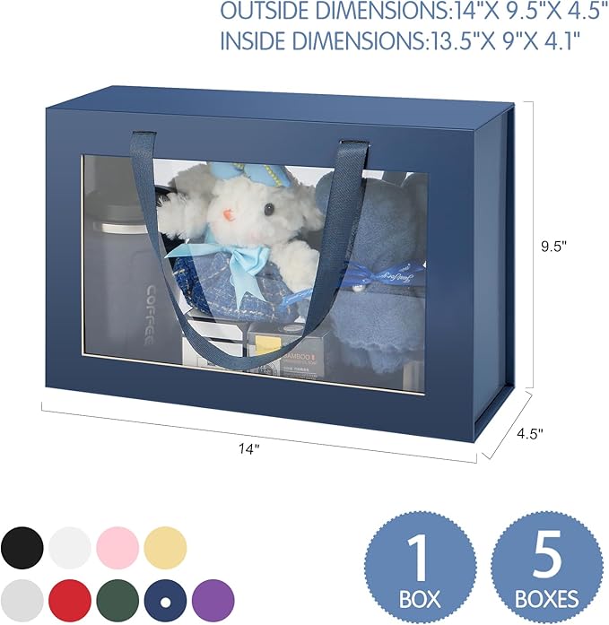 Large Navy Blue Clear Gift Box, 13.5x9x4.1 Inches, Groomsman Proposal Box, Collapsible Gift Box with Magnetic Closure (Glossy Navy Blue, 1 Pack)