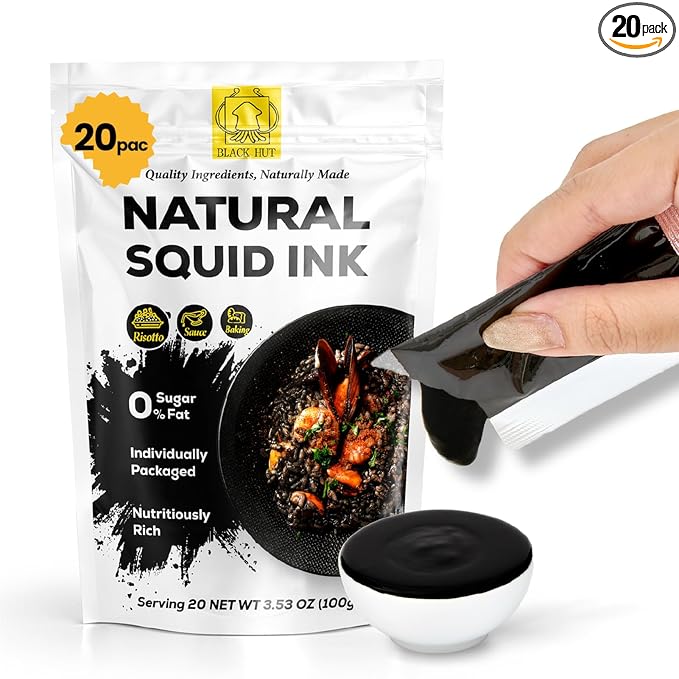 (5g x 20 Pack) Black Hut Squid Ink, Food Coloring Tinta Calamari for Rice Noodles Pasta Spaghetti Risotto, Cuttlefish Ink for Baking mix, Halal Certificate, Contains Molluscs, 3.53 oz / 100 g
