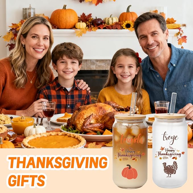 Mason Life Personalized Thanksgiving Gift Glass Cup Personalized with Name-Can Shaped Glass with Lids and Straws-18OZ Iced Coffee Cups