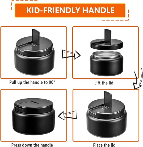 13.5oz Kids Jar for Hot Food, Insulated Vacuum Food Jar with Buckle Lid, Stainless Steel Wide Mouth Leak Proof Insulated Lunch Container for School Picnic Travel, Black