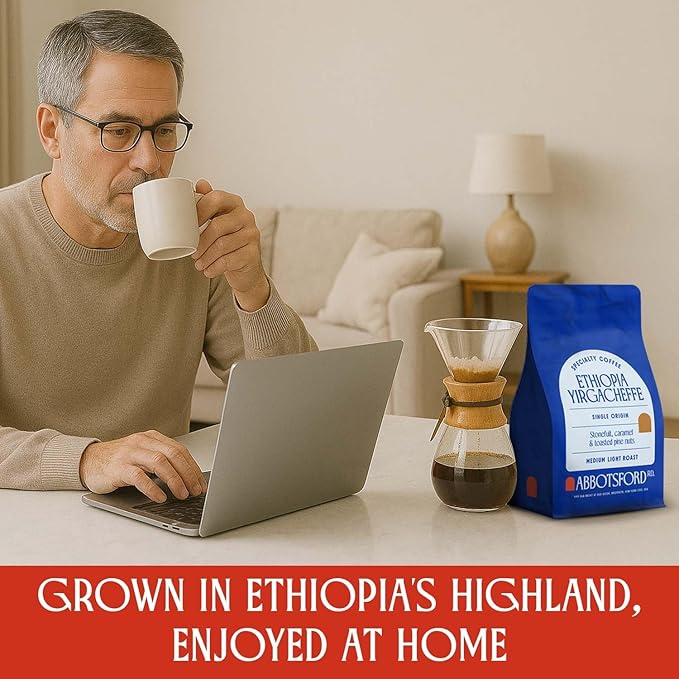 Ethiopia Yirgacheffe Ground Coffee, Medium-Light Roast Ground Coffee with Stone Fruit, Caramel & Toasted Pine Nuts, Specialty Coffee, Single Origin 12oz Bag, Perfect Flavored Ethiopian Coffee Gift