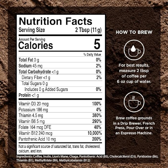 VitaCup Focus Mushroom Coffee Grounds, with Lions Mane, Chaga, B Vitamins, D3, Boost Focus, Immunity, Memory & Clarity, Medium Dark Roast, Bold & Smooth 100% Arabica Specialty, 3 bags, 10oz each