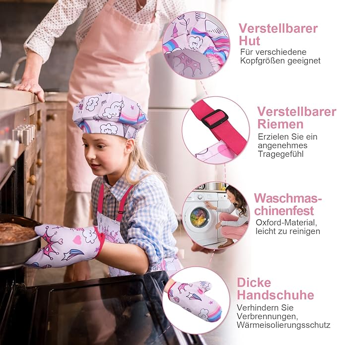 Anpro Complete Kids Cooking and Baking Set - 27 Pcs Includes Aprons for Girls, Chef Hat, Mitt & Utensil to Dress Up Chef Costume Career Role Play for 3-7 Years Girls