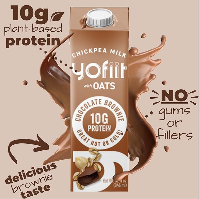 Yofiit Chocolate Brownie Non Dairy Milk - Delicious Vegan Chocolate Milk - 10g Protein & Less Sugar, Shelf Stable Milk with Oats, Pea Protein & Flax - Omega-3, High Protein Drinks (6 Pack)