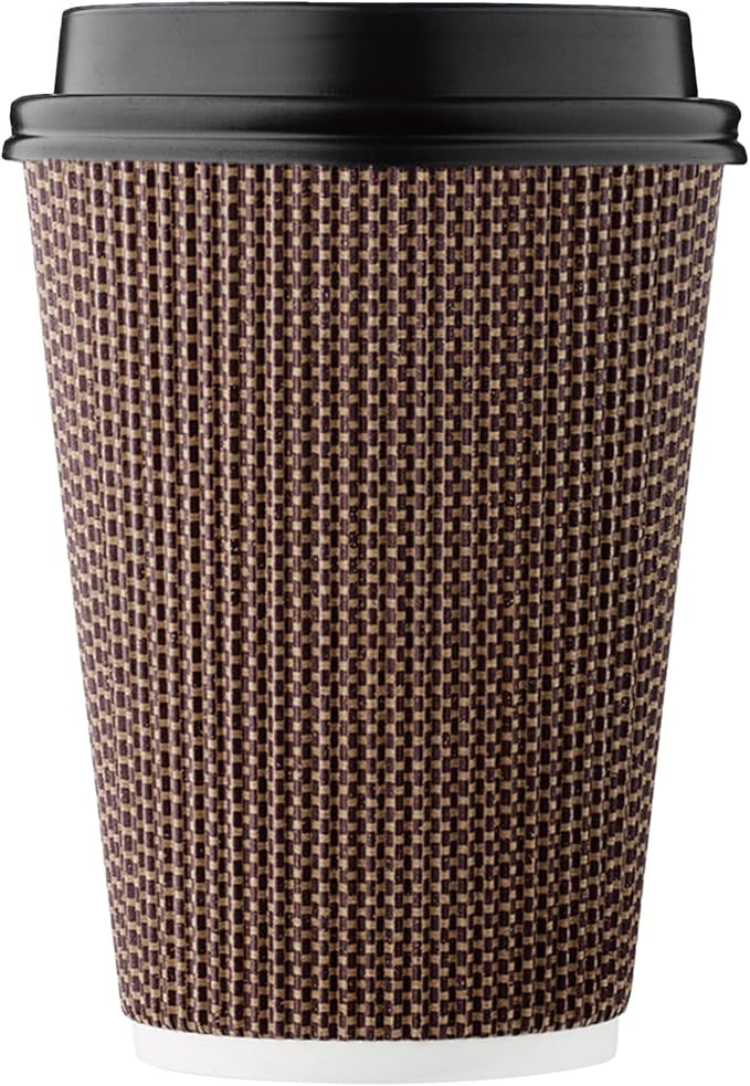 [100 SET]Harvest Pack 12 oz Disposable Coffee Cups, Insulated Ripple Double-Walled Paper Cups with Lids, Brown Geometric, Leak-Proof Drinking Cups for Tea Hot Chocolate Drinks To go coffee cups