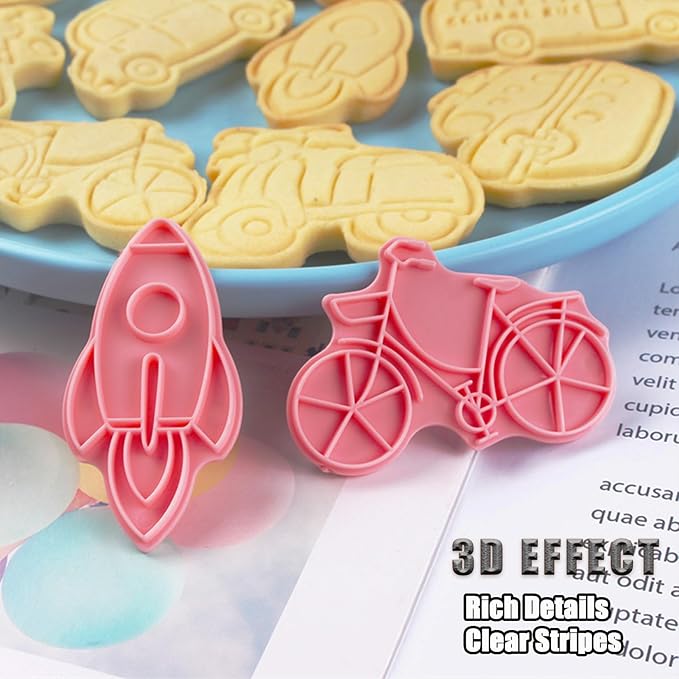 8 Pcs Transportation Vehicle Cookie Cutters Set Baking Molds 3D Transportation Vehicle Press type Cookie Cutter for Baking, Fondant, Cheese, and Pastries