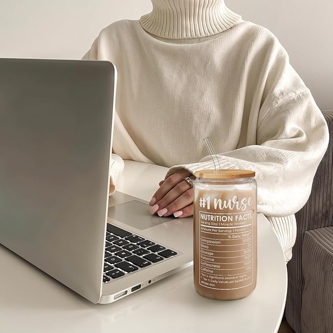 SANDJEST Nurse Glass Can, Nutrition Facts Cup with Lid & Straw, Iced Coffee Aesthetic Cups, Idea Gift for Christmas Birthday Nurse Week, Gifts for Women, 16oz
