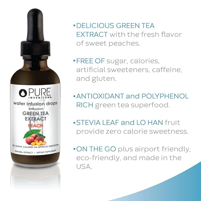Pure Inventions - Green Tea Peach Water Infusion Drops - Antioxidants & Electrolytes - Health & Wellness Drink - Immunity Support - Sugar Free, Zero Calorie, No Artificial Sweeteners - 30 Servings