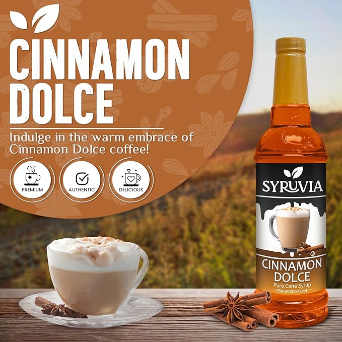 Syruvia Cinnamon Dolce Coffee Syrup - 25.4 fl oz. Kosher and Gluten-Free. Perfect for Enhancing Drinks, Sodas, Shakes, Desserts, and More.