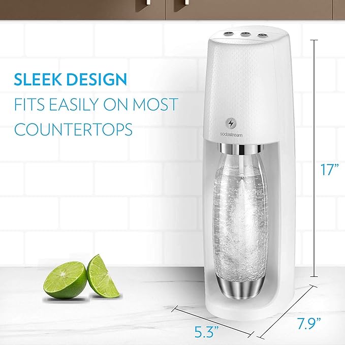 SodaStream One Touch Electric Sparkling Water Maker Bundle (White) with CO2, BPA free Bottles, and 0 Calorie Fruit Drops Flavors