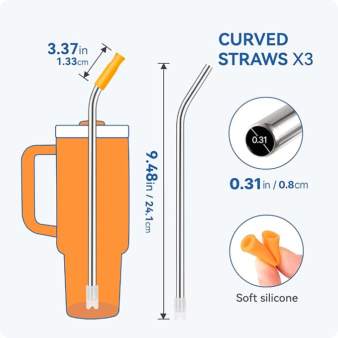Reusable Stainless Steel Straws with Silicone Tip for Stanley 30oz, Metal Drinking Straws for 30oz Tumbler,3 Bent Tubes & 6 Tips& 1 Cleanr Brush (Chili)