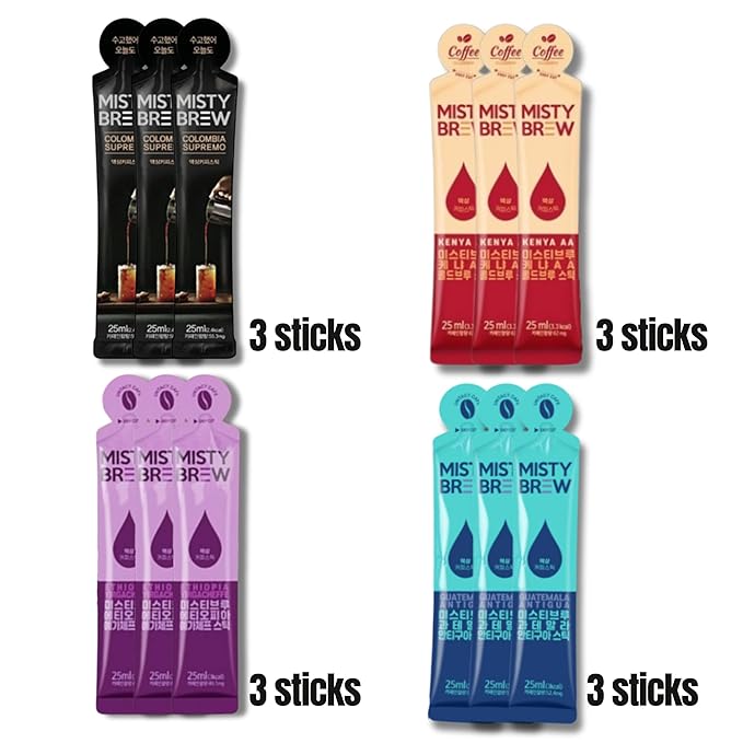Cold Brew Coffee Concentrate liquid, Single Serve Coffee Sticks, MistyBrew, Imported from Korea, 4 flavors, Premium coffee (12 sticks, Mix)