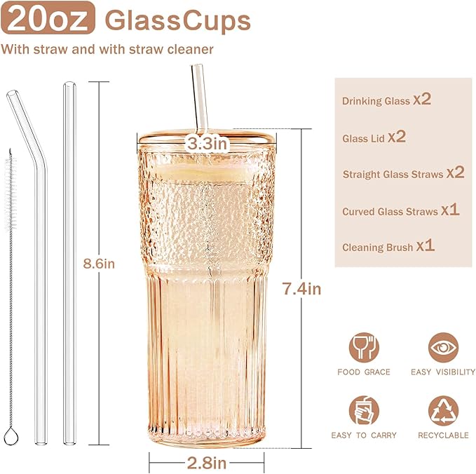 GOSCHE Glass Cups with Lids and Straws, 20oz Drinking Jar Glass Tumbler Iced Coffee Cups Set, Vintage Ripple Glassware Smoothie Cups for Water Coffee Tea, Amber, 2 Pcs