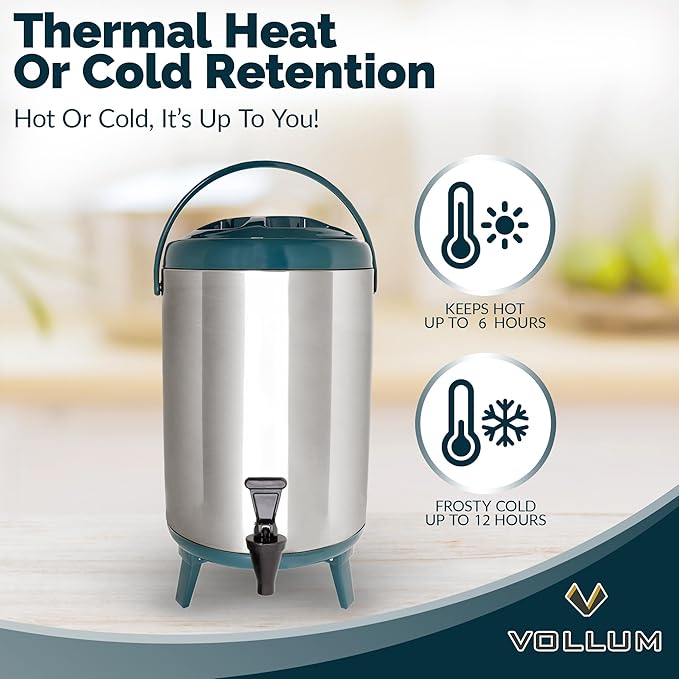 Stainless Steel Insulated Beverage Dispenser – Insulated Thermal Hot and Cold Coffee Carafe – 10 Liter Drink Dispenser with Spigot for Hot Water, Tea & Coffee, Cold Milk, Juice & More Teal