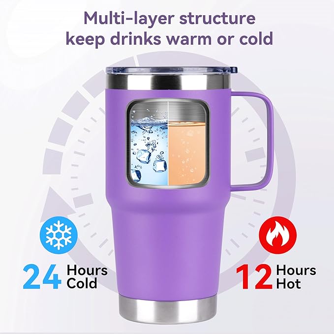 HASLE OUTFITTERS 20oz Tumbler Bulk with Lid, Stainless Steel Tumbler Bulk with Handle, Metal Insulated Travel Coffee Mug Set with Handle, Double Wall Vacuum Leak Proof Tumbler Cup, Purple 6 Pack