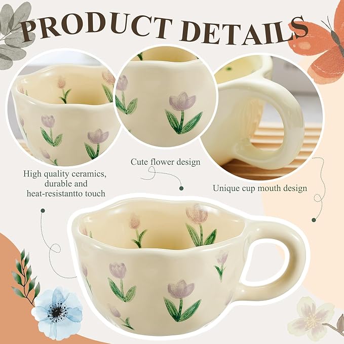 Vesici 2 Pcs Ceramic Coffee Mugs Flower Cups with Spoon Vintage Floral Mugs with Handle 8.5 oz Aesthetic Tea Porcelain Cup Gift for Valentine Office Home, Dishwasher and Microwave Safe(Vibrant)
