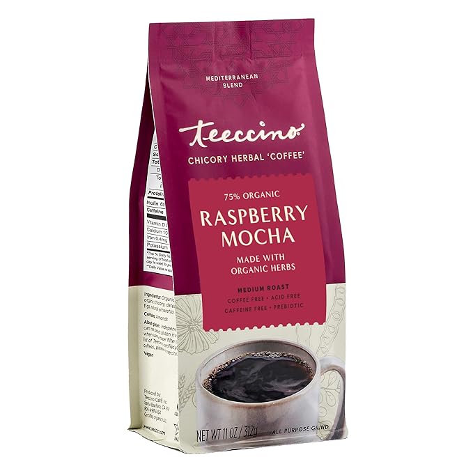 Teeccino Raspberry Mocha Chicory Coffee Alternative - Ground Herbal Coffee That’s Prebiotic, Caffeine Free & Acid Free, Dark Roast, 11 Ounce (Pack of 3)