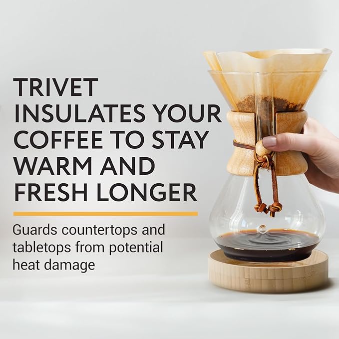 IMPRESA Coffee Pot Cover & Wooden Trivet Set - Chemex Compatible 6-Cup, 8-Cup Pour Over Carafe - Glass Maker Stand & Chemex Style Lid for Pour Over Coffee Systems