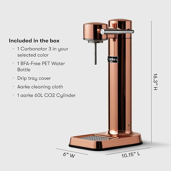 Aarke Carbonator lll with CO2 Cylinder, Sparkling & Carbonation Water Machine, Stainless Steel with PET BPA-Free Reusable Bottle Volume 1L/34 fl oz (Copper)