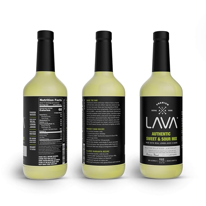 LAVA Premium Authentic Sweet & Sour Mix, Made with Real Lemon Juice, Lime Juice, Raw Blue Agave, No Artificial Sweeteners. Whiskey Sour, Long Island Iced Tea, Lemon Drop. 33.8oz Glass Bottle