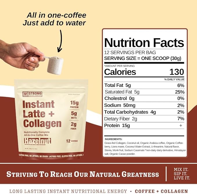 STRONG COFFEE COMPANY Instant Hazelnut Latte - 15g Protein, Instant Protein Coffee with Collagen, Adaptogens & Nootropics, No Crash, No Jitters, 12 Servings Bag