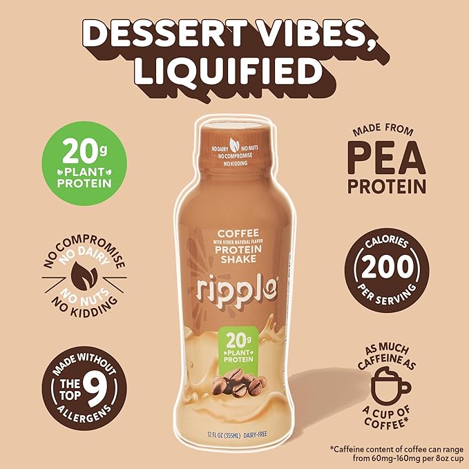 Ripple Coffee Plant Based Protein Shake | 20g of Quality Sourced Pea Protein, 100mg Caffeine, Calcium | Shelf Stable | Vegan & Non GMO | Dairy, Soy, Nut, & Gluten Free | 12 Fl Oz Bottles (Pack of 12)