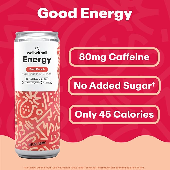 WellWithAll Fruit Punch Energy Drink – Caffeine from Tea – With Vitamin C – Lightly Sparkling Beverage – Fruit & Veggie Juice Blend – 12 Oz (Pack of 12)