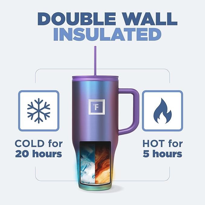 IRON °FLASK Co-Pilot Insulated Mug w/Straw & Flip Cap Lids - Cup Holder Bottle for Hot, Cold Drink - Leak-Proof - Water, Coffee Portable Travel Mug - Pink Tulip, 32 Oz