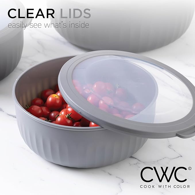 COOK WITH COLOR Prep Bowls with Lids- Wide and Deep Nesting Plastic Small Mixing Bowl Set with Lids, 12 Piece Set - Wide Bowls, Black/White