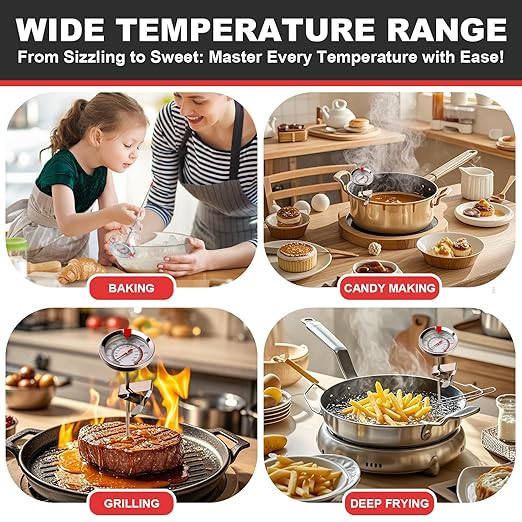 Candy Thermometer Waterproof - Oil Thermometer for Frying with Clips - 9" Side of Pot Thermometer Deep Fry for Oil Candy Candle BBQ - Silver