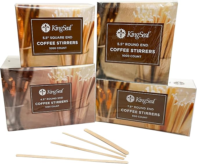 2000 Count | KingSeal Natural Birch Wood Coffee Beverage Stirrers, Stir Sticks, Waxing Sticks, Popsicle Sticks, 4.5 Inches, Round End - 2 Boxes x 1000 Stirrers